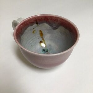 Studio Pottery Coffee Cup SIGNED Pink Green Blue 4” Handmade Handle Mod Teacup